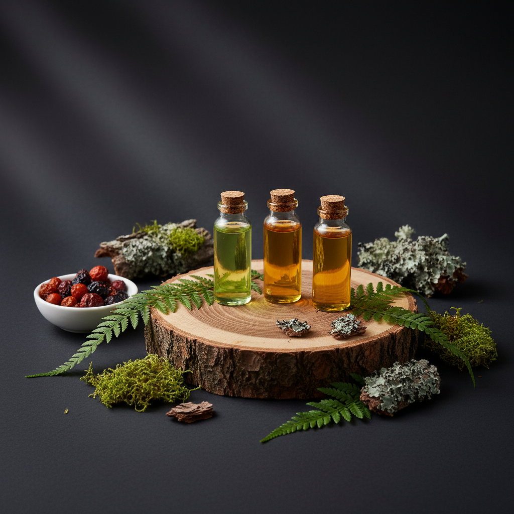 A peaceful woodland-inspired still life designed to represent EarthSong Herbals’ connection to nature. In the center, a smooth, circular cross-section of a tree trunk serves as a natural pedestal holding three small, unlabeled glass vials filled with different herbal oils in shades of pale green, amber, and rich gold. Surrounding the wood slice are carefully placed fern fronds, moss, and small pieces of lichen-covered bark. A single white ceramic bowl contains a modest pile of dried rosehips and elderberries. The scene is set on a dark, matte background to enhance contrast. Soft, dappled light mimics sunlight filtered through forest leaves, creating gentle, organic patterns of light and shadow. Captured at a low, slightly angled perspective with a balanced composition, the mood is deeply grounded, reverent, and professionally curated.