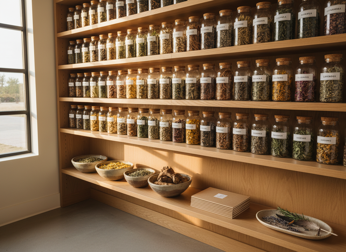 An inviting wooden shelf system inside a minimalist herbal apothecary, captured with photographic realism. Rows of uniformly labeled glass jars display dried roots, leaves, and flowers in rich greens, golds, and deep browns, each texture crisply defined. A few ceramic bowls of loose herbs sit on the lower shelf beside neatly stacked recycled-paper notebooks and a small stoneware dish filled with botanical samples. Soft golden-hour light streams in from a nearby window, casting warm, elongated shadows along the grain of the wood. The camera is positioned at eye level with sharp focus throughout, emphasizing order, cleanliness, and professionalism. The overall mood is grounded and reassuring, conveying a sense of trust and expertise in herbal healing traditions guided by nature.