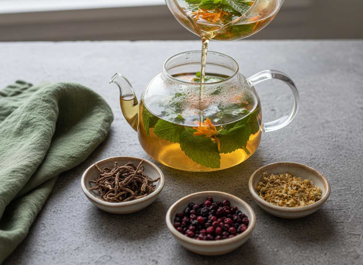 A serene preparation scene on a stone countertop where a small glass teapot is being filled with an herbal infusion, though no hands are visible. Floating in the clear water are vibrant fresh leaves of lemon balm and mint, along with delicate calendula petals, each leaf vein and petal edge rendered in photographic detail. Around the teapot, small ceramic dishes contain measured portions of dried roots and berries, and a linen towel in muted moss green is carefully folded nearby. Soft, overcast daylight from a window above creates even, diffused lighting with gentle reflections in the glass. Shot from a slightly elevated angle with a shallow depth of field, the mood is calm, intentional, and nurturing, emphasizing the ritual of herbal healing rooted in earth and guided by nature.