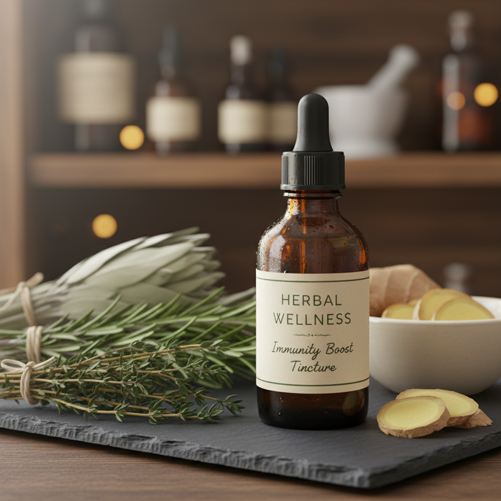 A close-up, eye-level view of a handcrafted herbal tincture bottle made of dark amber glass, resting on a smooth slate tray. Behind it, slightly out of focus, are neatly arranged bundles of sage, rosemary, and thyme tied with natural twine, along with a ceramic bowl containing freshly sliced ginger root. Soft, diffused daylight filters in from the left, highlighting condensation on the bottle and creating a subtle glow along its edges. The mood is serene, precise, and professional, with a photographic realism style. The composition follows the rule of thirds, with the bottle slightly off-center and a gentle bokeh effect in the background, suggesting a dedicated herbal apothecary space curated with care and respect for nature.